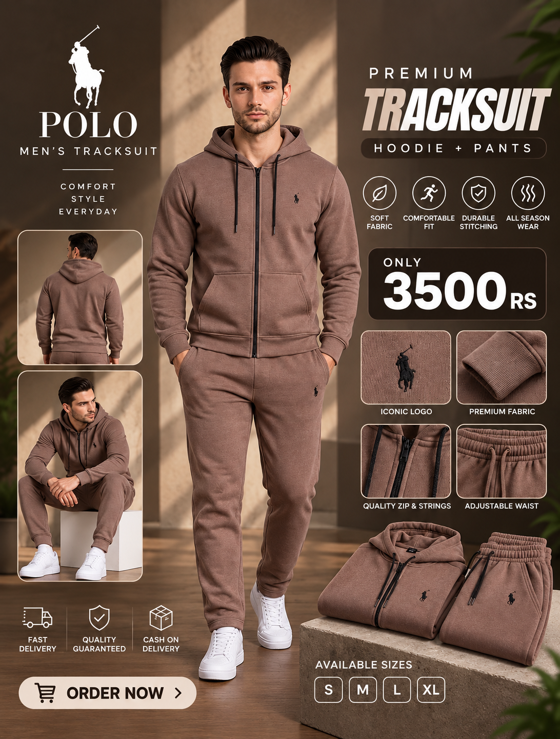 Raven Men’s Zip-Through Hooded Tracksuit – Mocha Brown